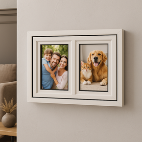 03 painel de fotos para parede duplo de madeira com moldura em fileti brm emoldurados