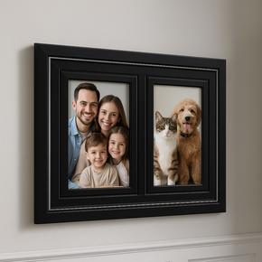 06 painel de fotos para parede duplo de madeira com moldura em fileti brm emoldurados