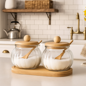 01 saleiro e acucareiro de vidro borossilicato e bambu hauskraft 5 pecas doraine