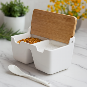 01 saleiro de mesa com 2 divisorias e tampa de bambu e colher lyor