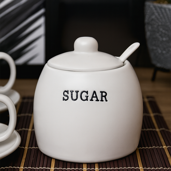 01 acucareiro de ceramica c colher hauskraft 380ml linha servir cremona