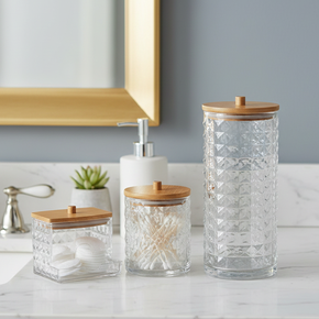 03 kit banheiro lyor my box porta cotonete 2 porta algodao com tampa de bambu