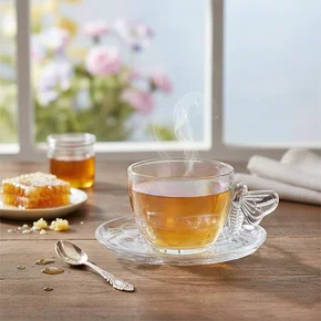 02 jogo 4 xicaras de cha com pires de vidro hauskraft 200ml bee furta cor