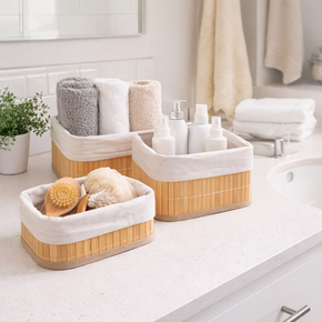 01 conjunto 3 cestos retangulares de bambu com forro em tecido lyor