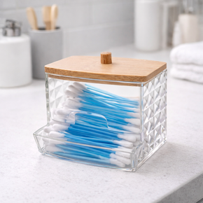 01 porta cotonete retangular de plastico com tampa de bambu special my box 9x7 5x8 5cm lyor