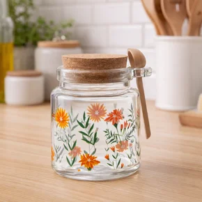 01 porta mantimento redondo de vidro com colher de bambu lyor 200ml flora