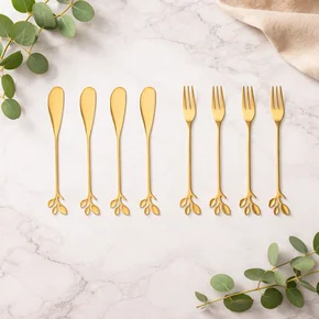 01 kit para servir linha leaves 4 espatulas e 4 garfos para aperitivos dourado lyor