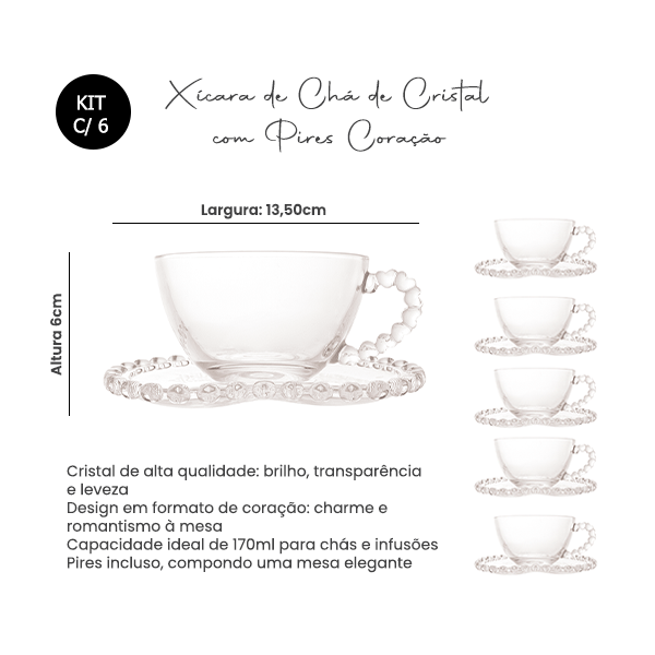 01 kit 6 xicaras cha com pires de cristal de chumbo lyor 170ml coracao
