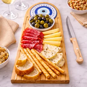 01 jogo 3 pecas petisqueira para servir em bambu com faca greek olho grego lyor