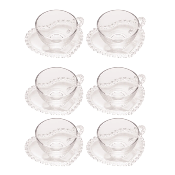 02 kit 6 xicaras cha com pires de cristal de chumbo lyor 170ml coracao